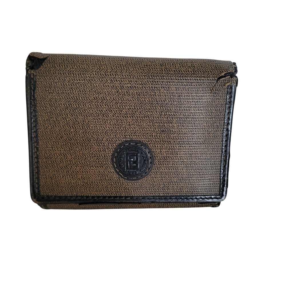 Vintage Fendi sas Brown Coated Canvas Trifold Wallet Black Leather Trim Italy